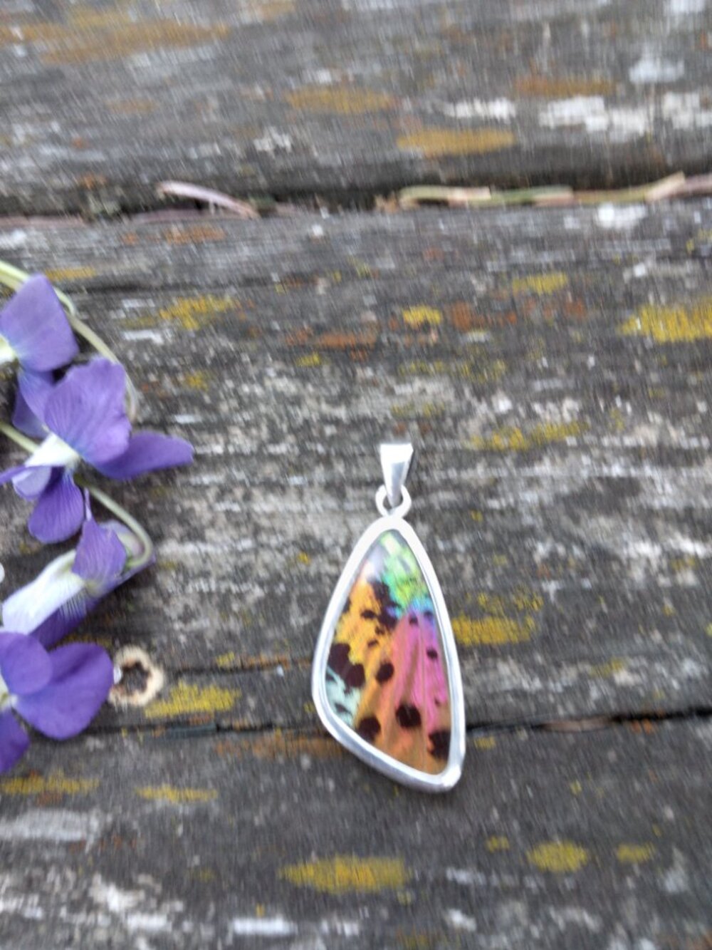 Vintage Sterling Silver Madagascar Sunset Moth Wing Reversable Pendant - Picture 3 of 9